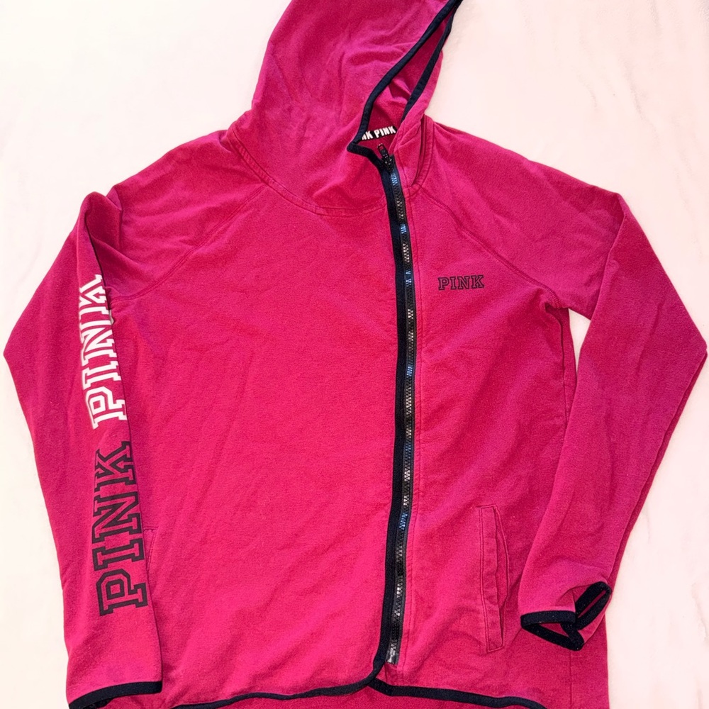 PINK Victoria’s Secret Maroon Zip Up Hoodie Logo Sleeve Size Small